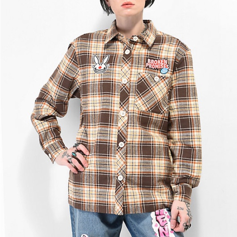 Broken Promises x Happy Bunny Brown Plaid Graffiti Flannel Button Up Shirt
